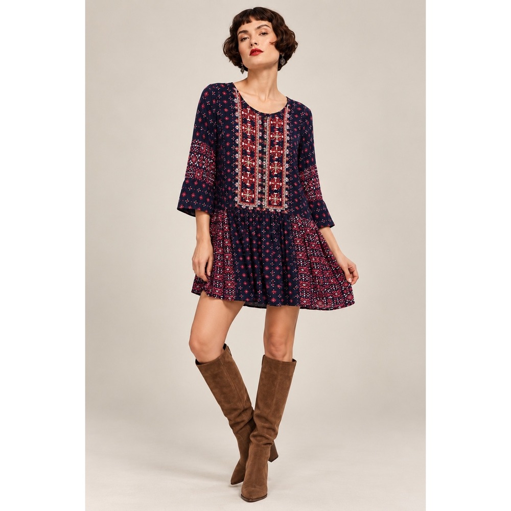 Vanessa Virginia for Anthropologie Navy Embroidered Beaded Boho Dress Small